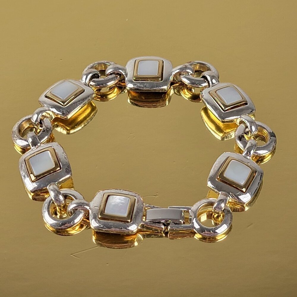 Monet Silver Gold Two-Tone White Moonstone Chain Link Bracelet 7.5"